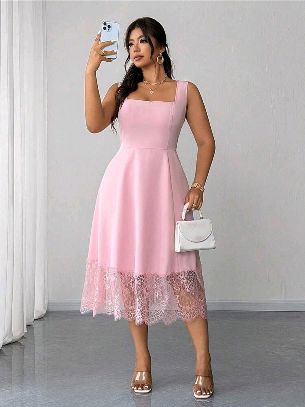 Shein Square Neck Blush Pink Lace-Hem Midi Dress 6X 22W